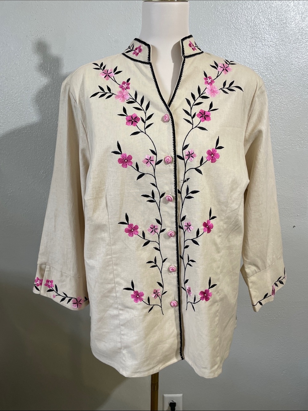 Cottagecore Embroidered Linen Cotton Floral Tunic Tan 1X Boho Artsy Anne Carson
